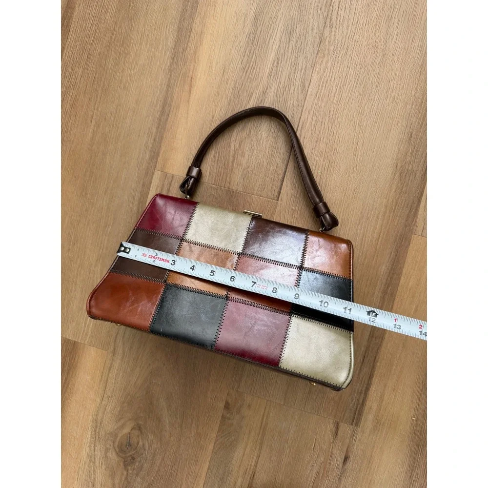 Vintage Leather Patchwork Handbag Multi Color Earth Tone Frame Satchel Bag